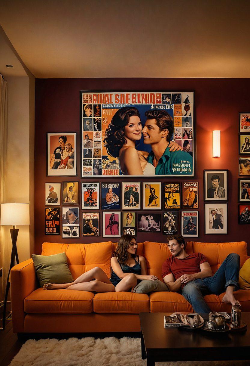 A captivating scene depicting a modern, cozy living room where a couple is comfortably engaging with a large screen displaying a variety of erotic film posters. Soft, ambient lighting creates an inviting atmosphere, while a shelf filled with diverse adult films adds depth. The couple looks relaxed and playful, embracing intimacy and connection. The overall vibe is warm and sensual, radiating openness to exploration. super-realistic. vibrant colors. cozy ambiance.