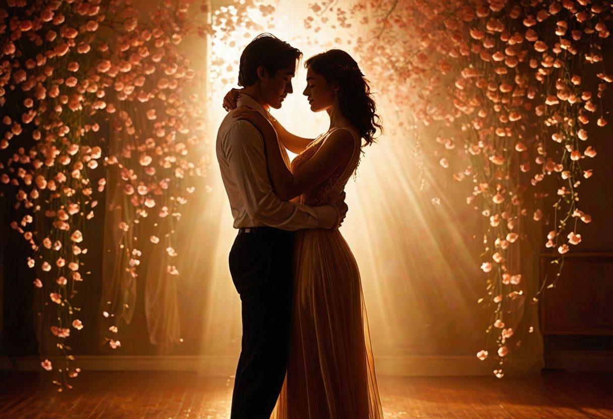 A captivating and artistic representation of sensuality, featuring a graceful silhouette of a couple intertwined in an intimate dance, surrounded by soft, warm lighting and a dreamy, blurred background. The ambiance should evoke a sense of allure and exploration, with elements like film reels and subtle hints of vibrant colors weaving through the scene. Incorporate delicate petals and shimmering light effects to enhance the mood of intimacy and creativity. vibrant colors. ethereal style. soft focus.